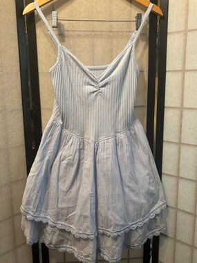 AERIE At The Barre Mini Dress Baby Blue Tiered Lace-Trim Sundress